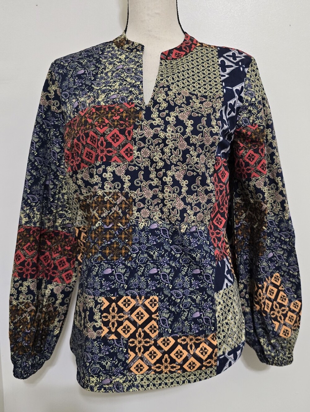 BELLE BOHO by Kim Gravel size Small Patchwork Poplin Popover Long Sleeve Blouse